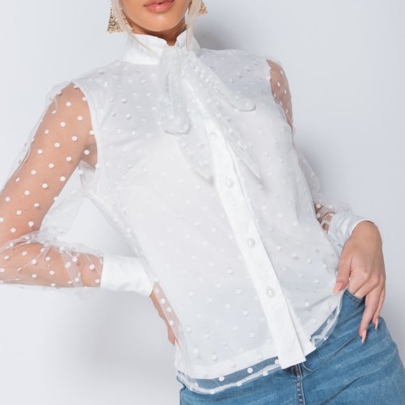 Polka Dot High Neck Long Sleeve Pussy Bow Blouse - Picture 5 of 7